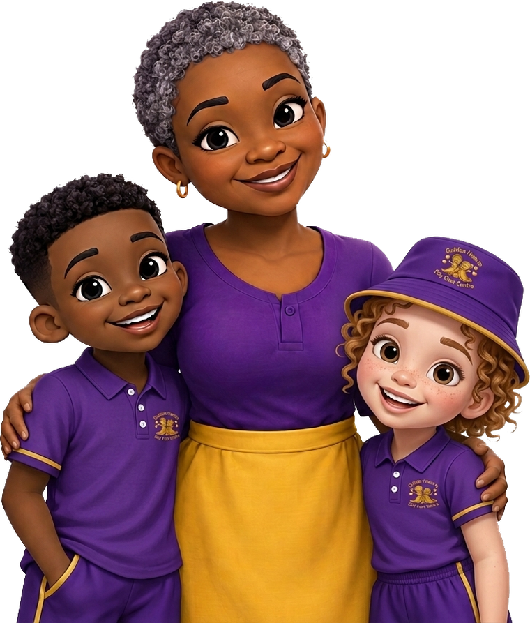 A Golden Hearts teacher with two children in school uniform